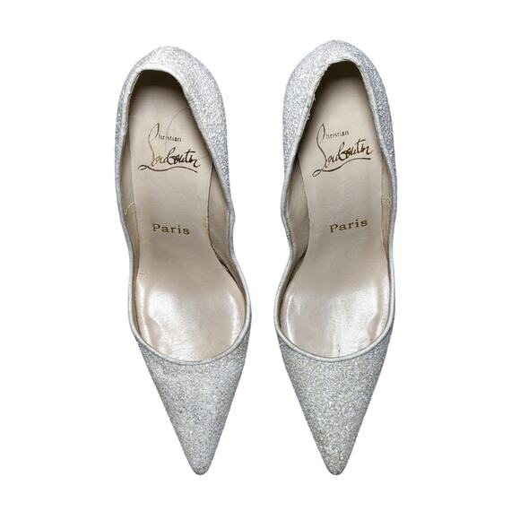 Christian Louboutin White Glitter Leather Pointed Toe Heels Pumps Size 36 - Picture 3 of 6